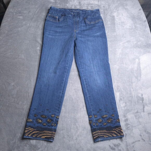 Chicos Pull-On Jegging Ankle Jeans 6 (0.5) Embroidered Beaded Cuffs Blue Stretch - Picture 4 of 8